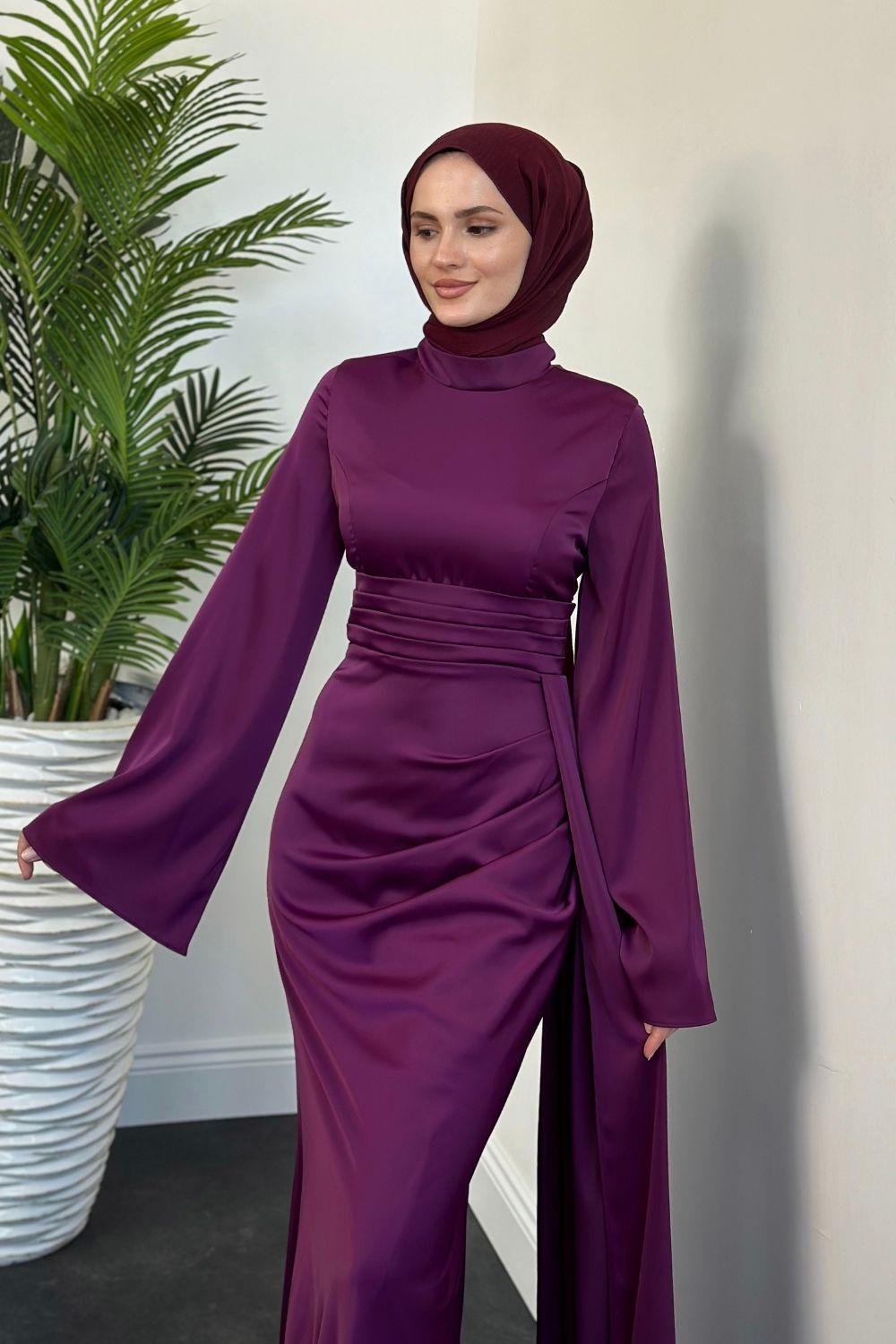 Arabella Pelerinli Saten Balık Abiye Mürdüm