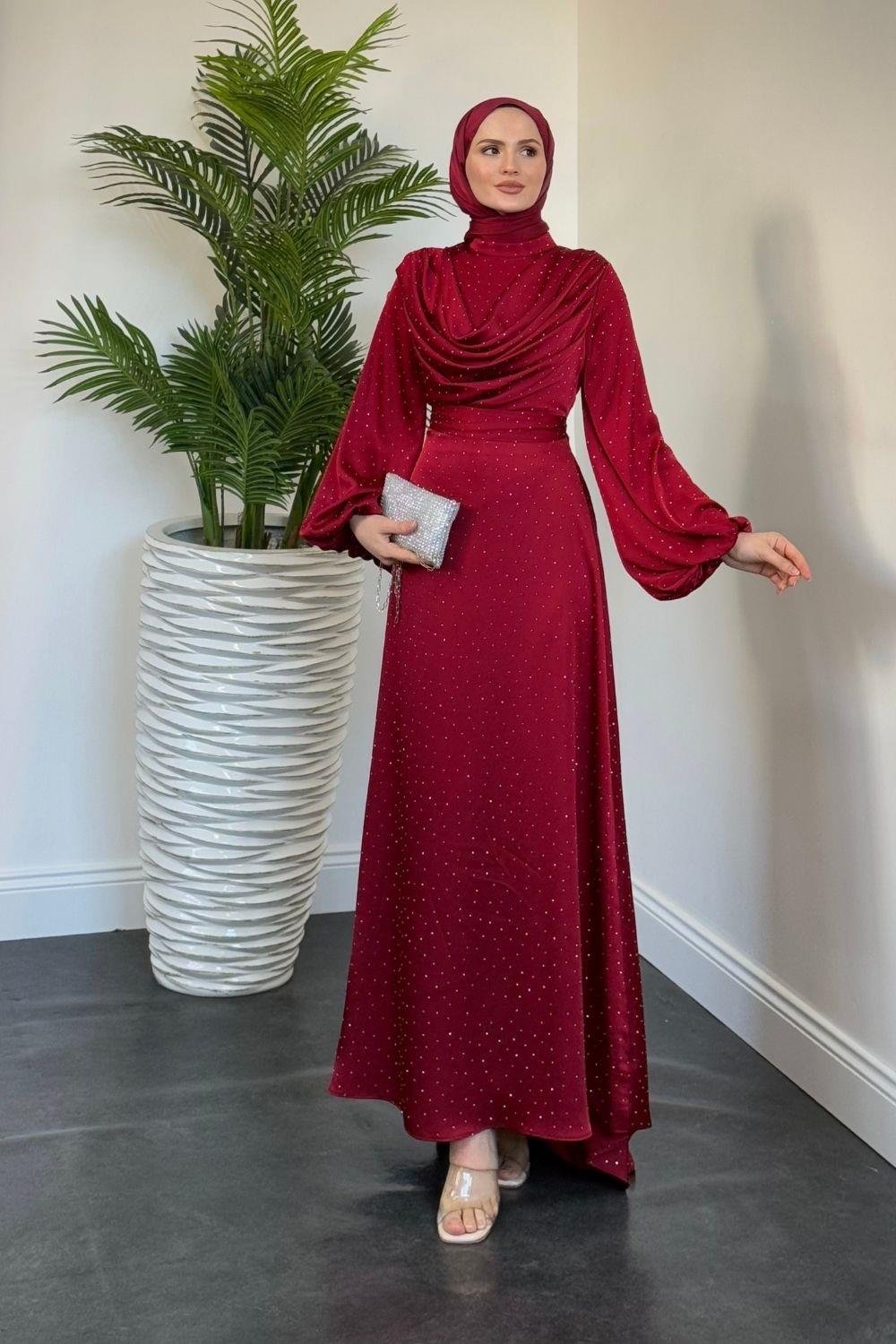 Areka Taşlı Kuyruklu Degaje Yaka Abiye Bordo