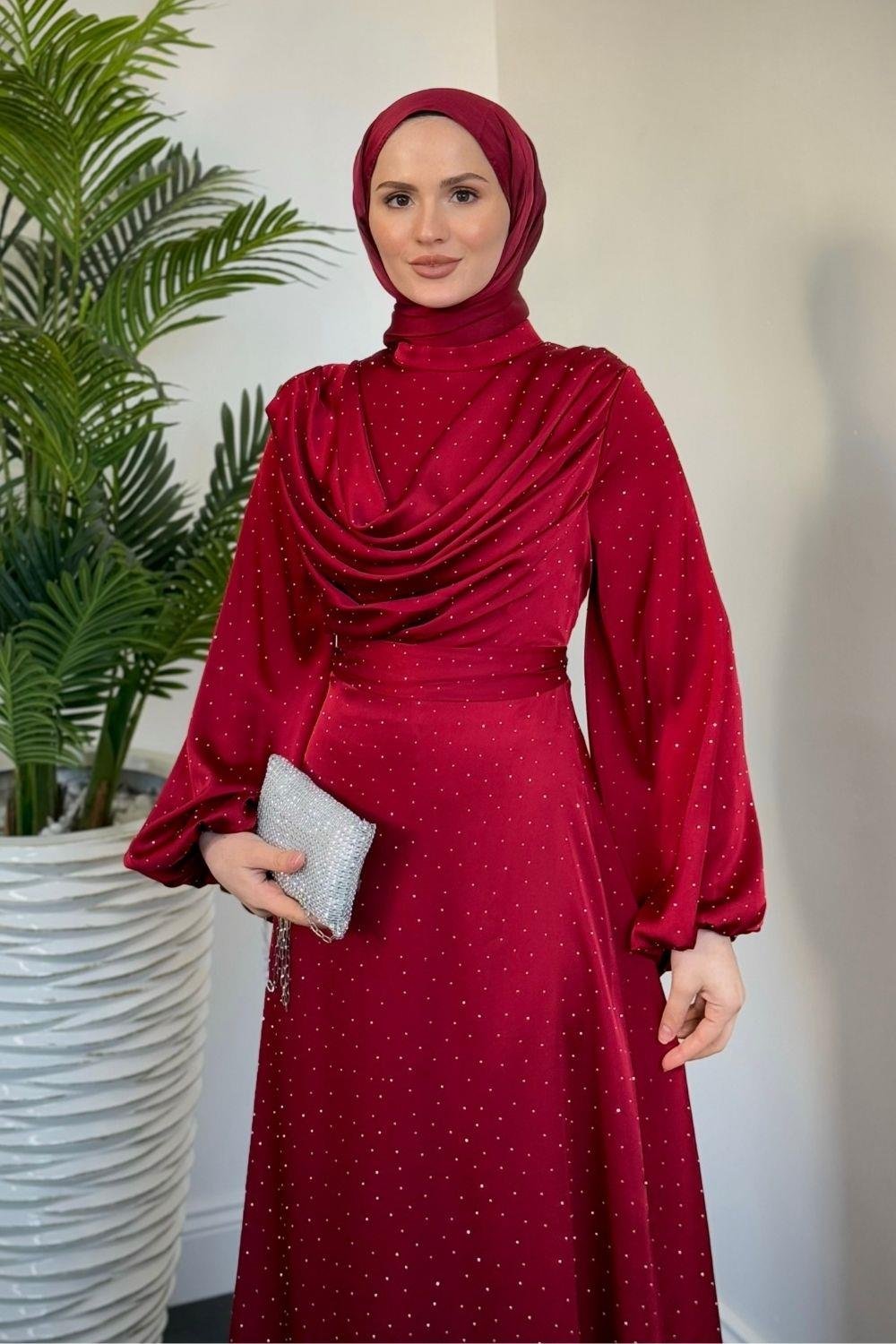 Areka Taşlı Kuyruklu Degaje Yaka Abiye Bordo