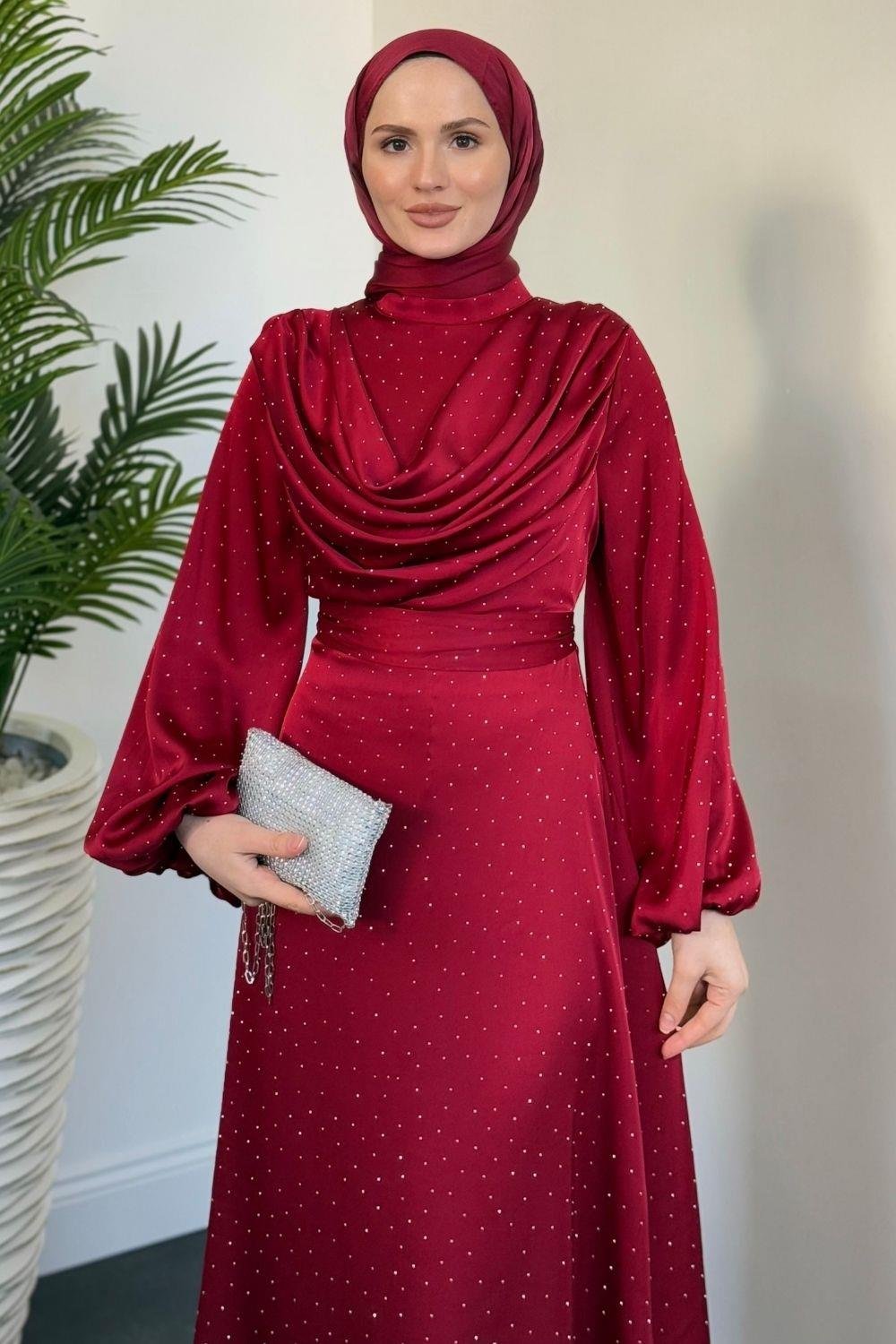Areka Taşlı Kuyruklu Degaje Yaka Abiye Bordo