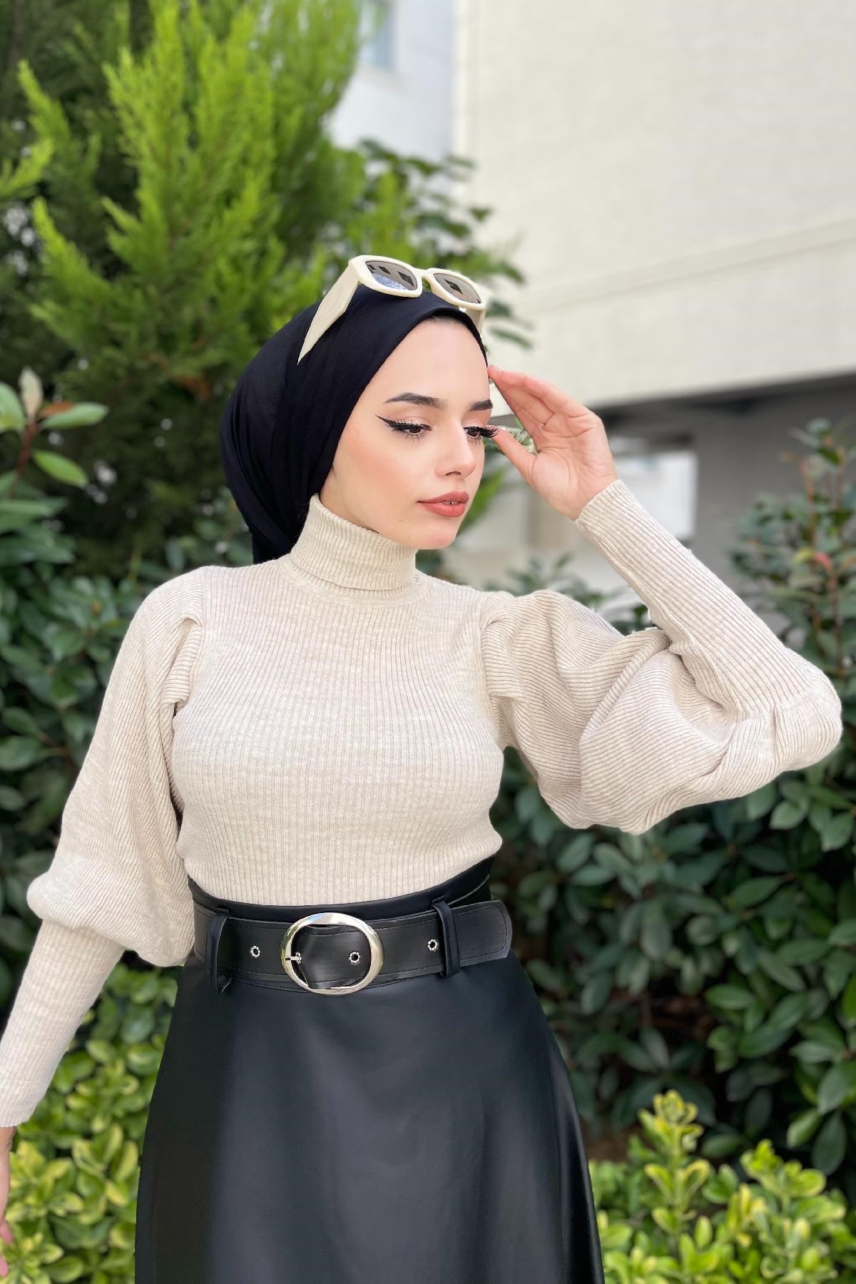 Balon Kol Balıkçı Triko Kazak Bej