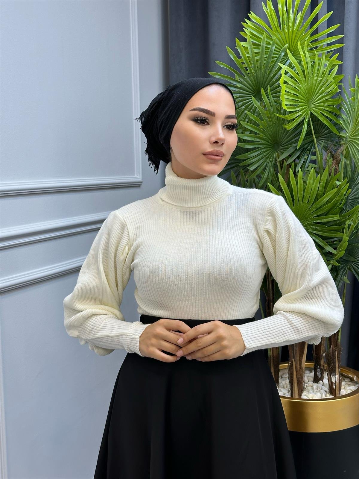 Balon Kol Balıkçı Triko Kazak Beyaz