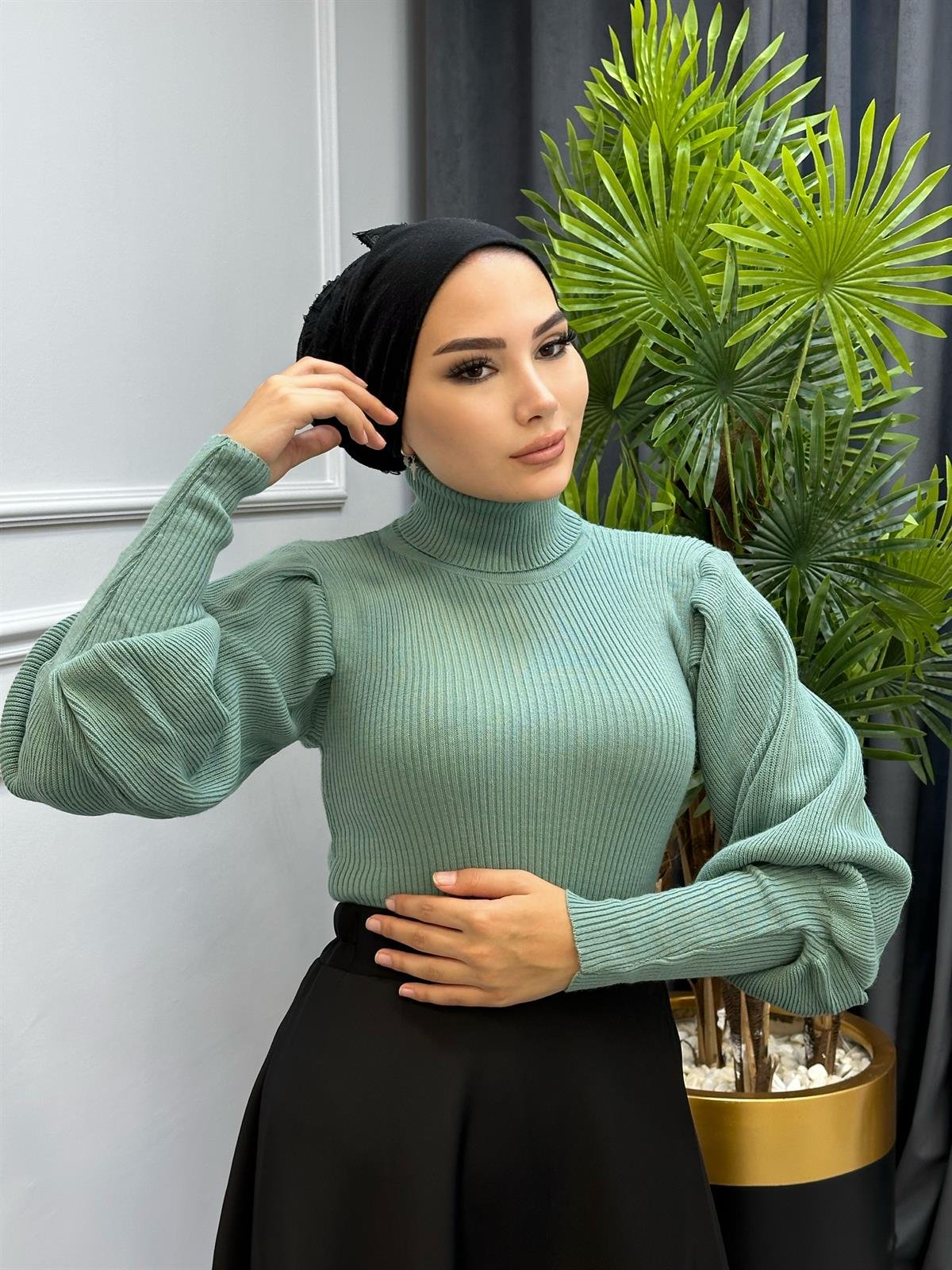 Balon Kol Balıkçı Triko Kazak Mint