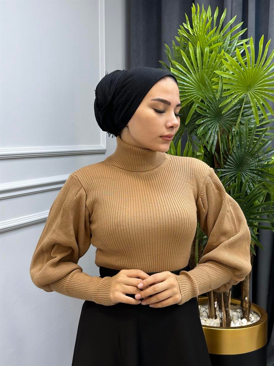Balon Kol Balıkçı Triko Kazak SütlüKahve