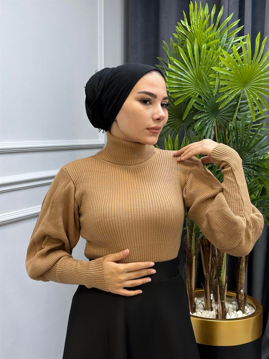 Balon Kol Balıkçı Triko Kazak SütlüKahve