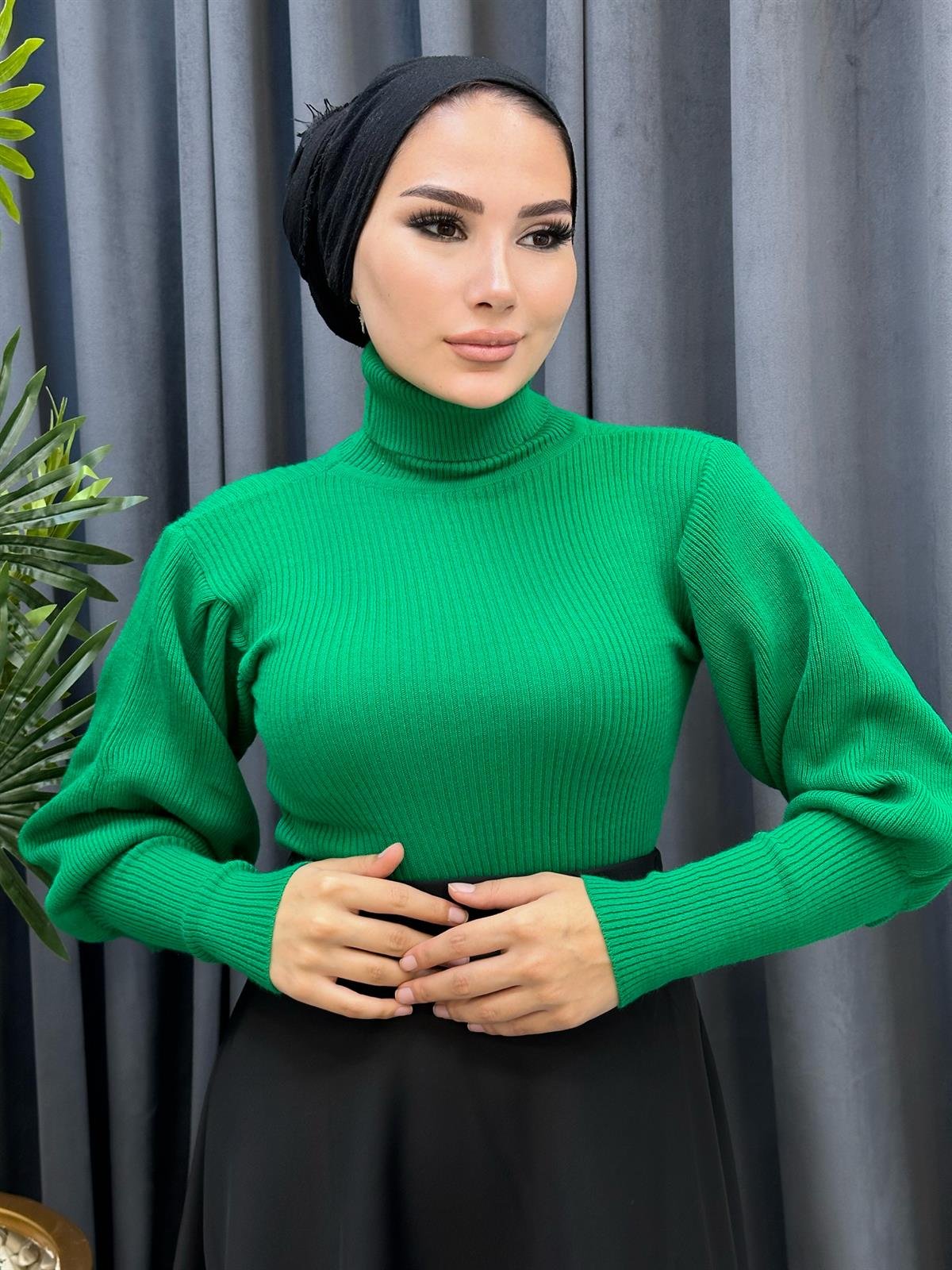 Balon Kol Balıkçı Triko Kazak Yeşil