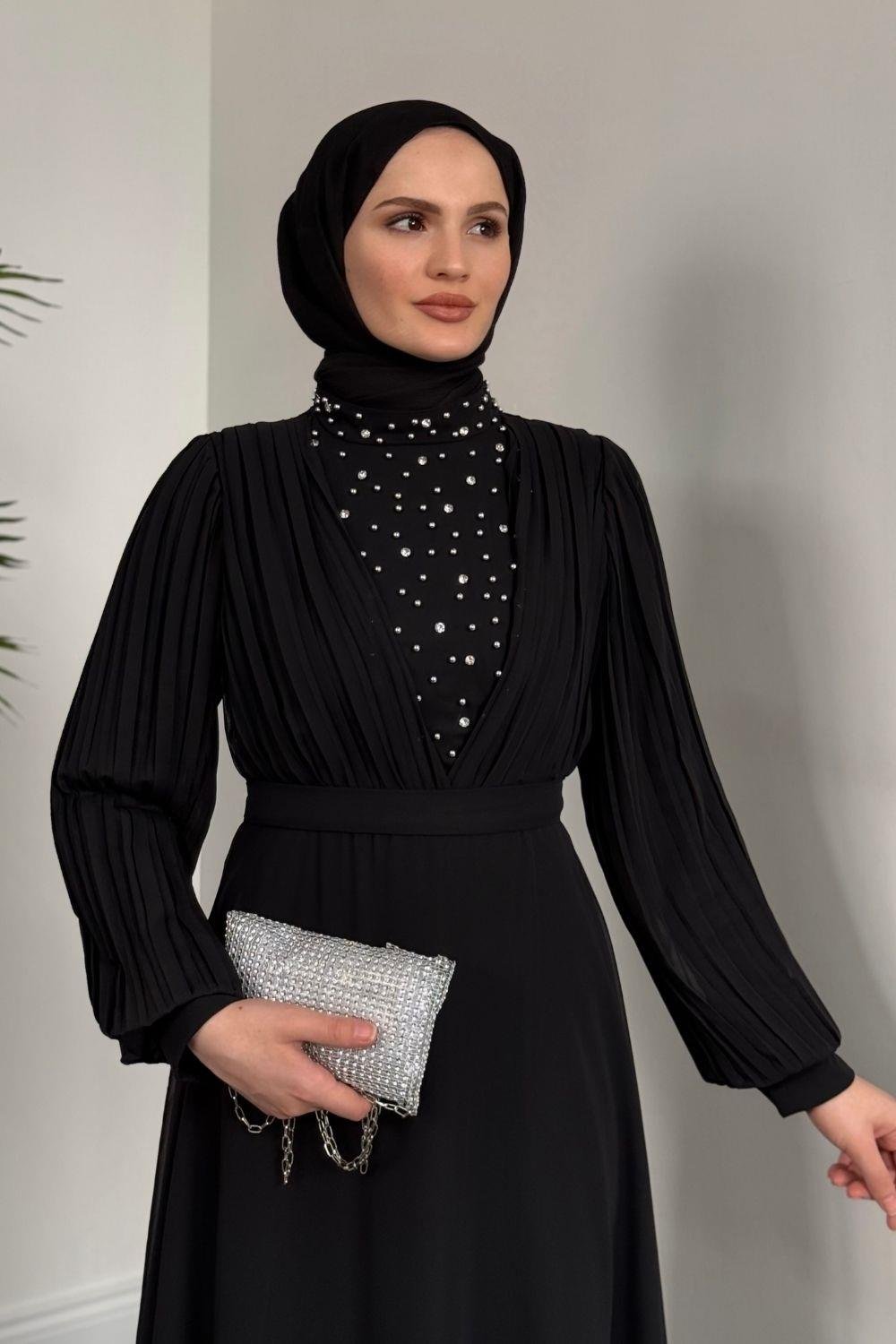 Barniy Önü Taşlı Abiye Siyah