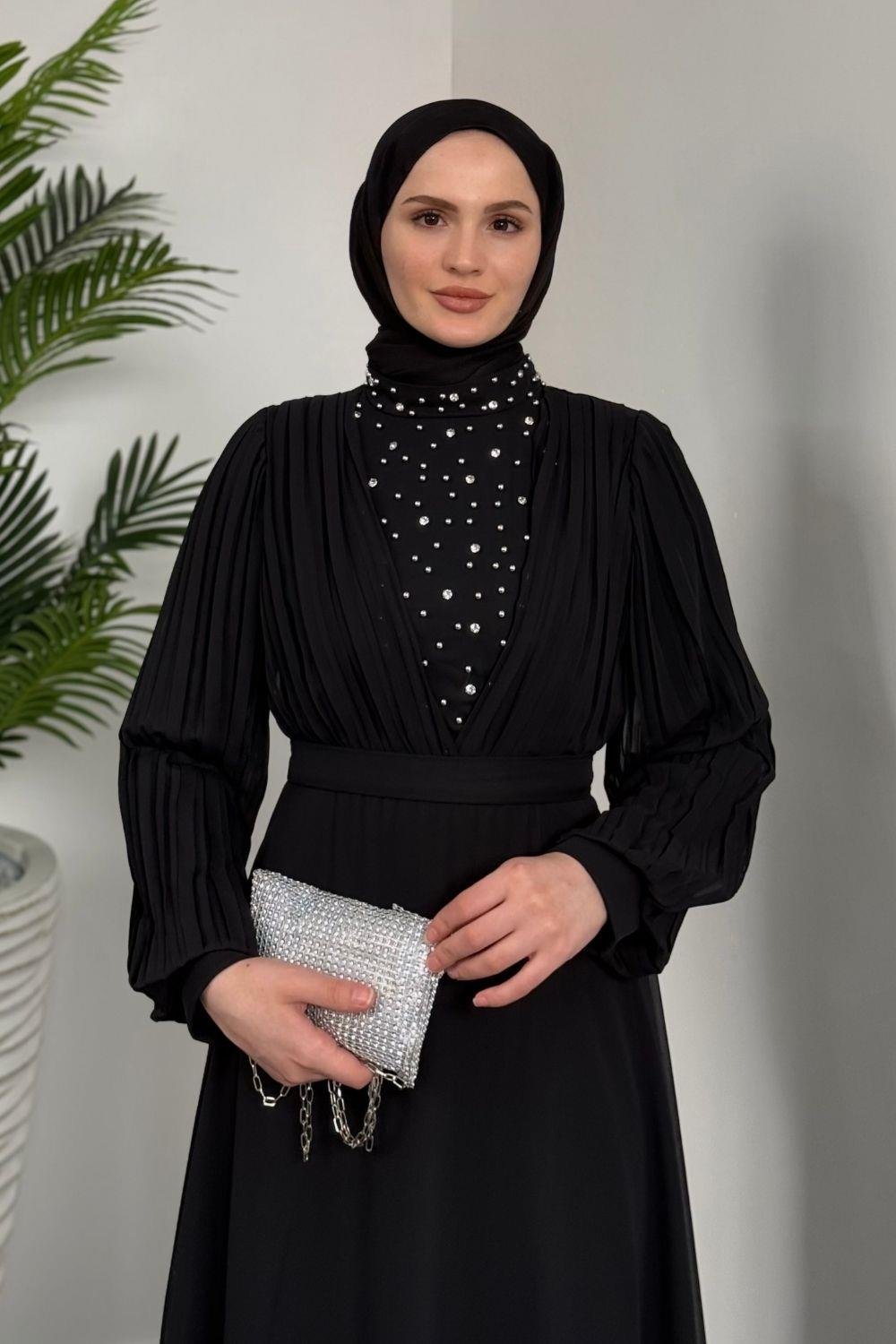 Barniy Önü Taşlı Abiye Siyah