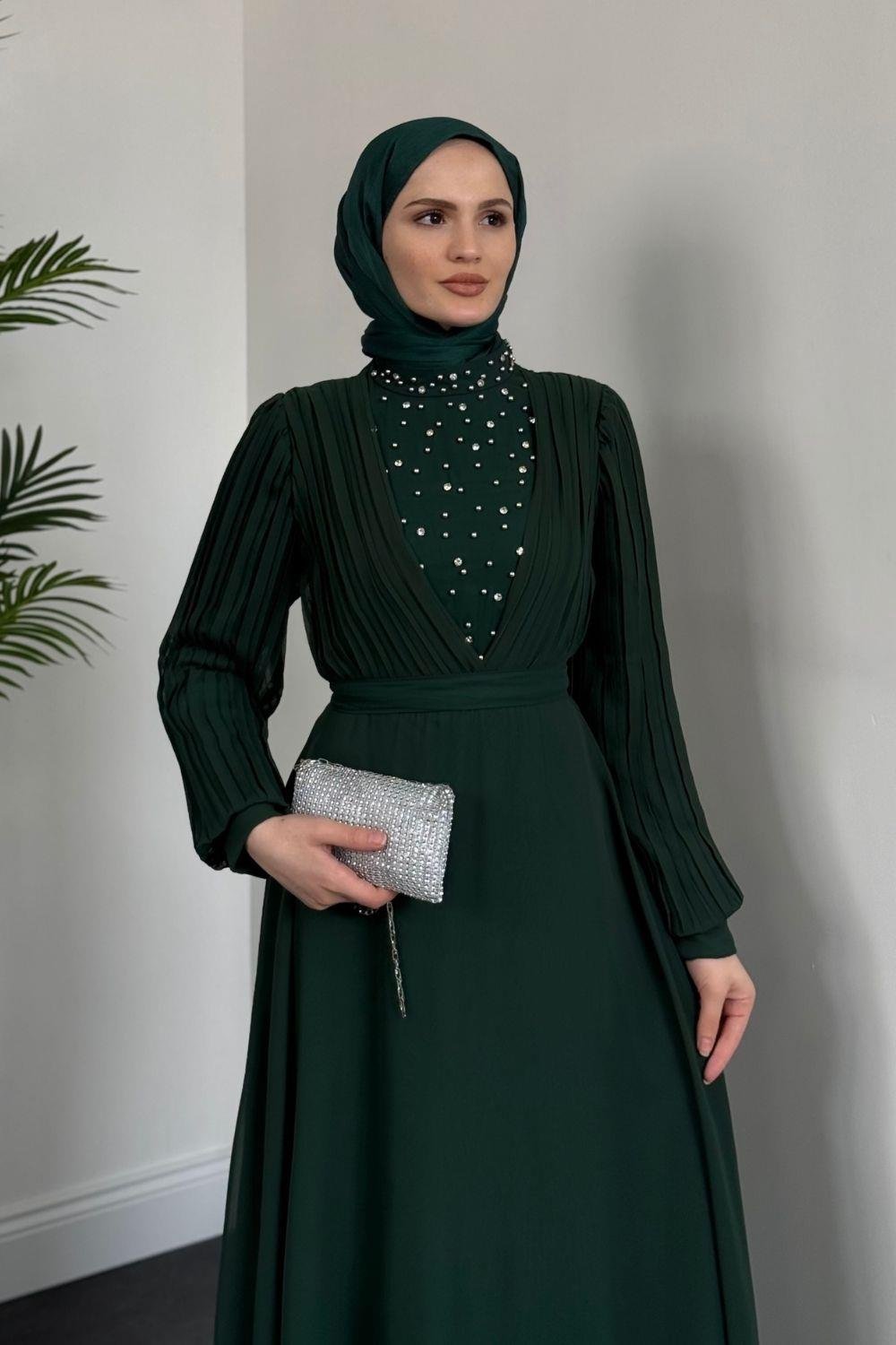 Barniy Önü Taşlı Abiye Zümrüt