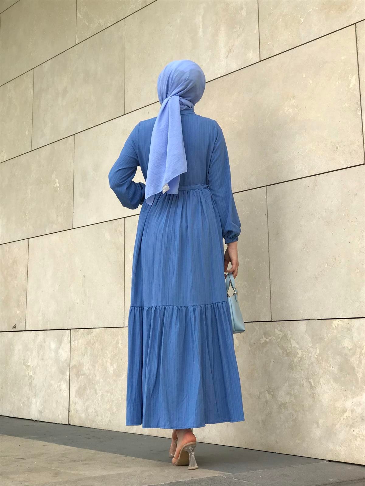 Beli Bağcıklı Gömlek Yaka Merven Elbise Mavi