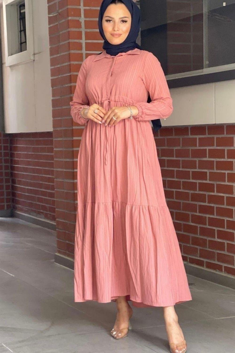 Beli Bağcıklı Gömlek Yaka Merven Elbise Fuşya