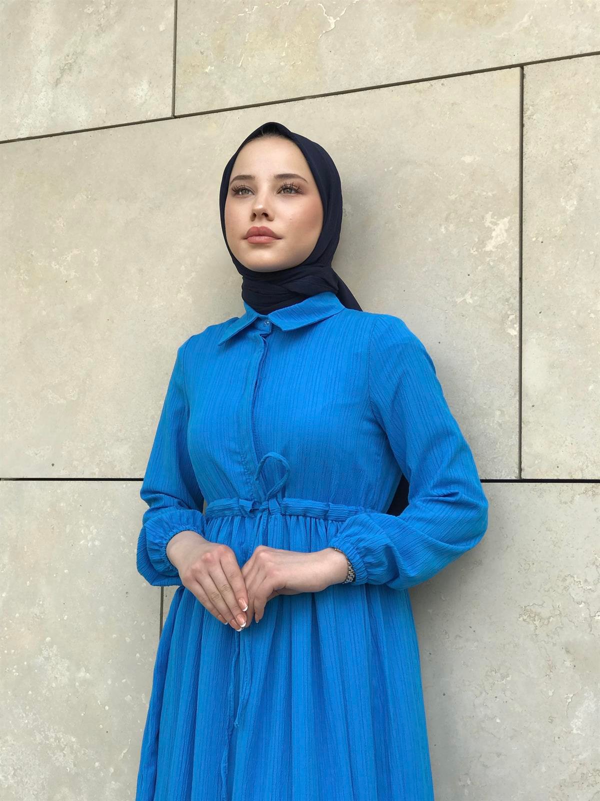 Beli Bağcıklı Gömlek Yaka Merven Elbise İndigo