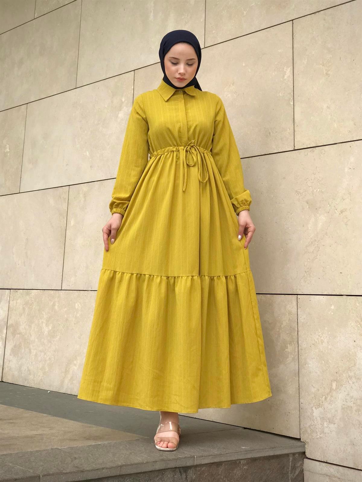 Beli Bağcıklı Gömlek Yaka Merven Elbise YağYeşili