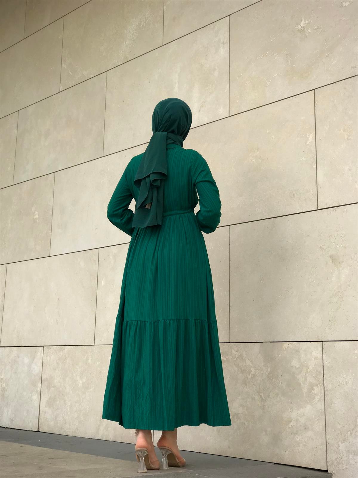 Beli Bağcıklı Gömlek Yaka Merven Elbise Yeşil