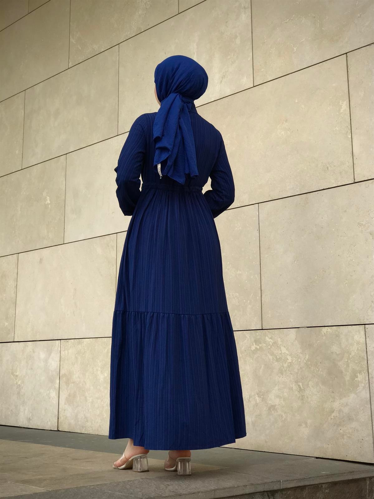Beli Bağcıklı Gömlek Yaka Merven Elbise Lacivert