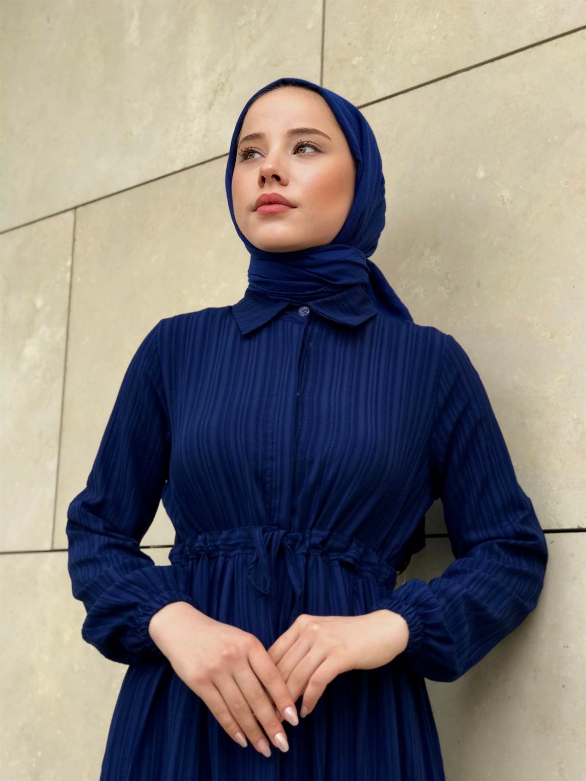 Beli Bağcıklı Gömlek Yaka Merven Elbise Lacivert
