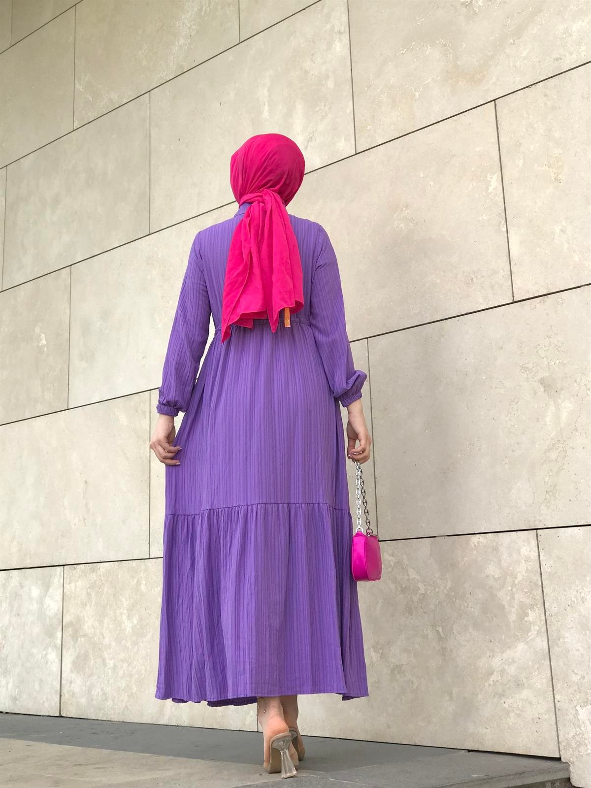 Beli Bağcıklı Gömlek Yaka Merven Elbise Mor