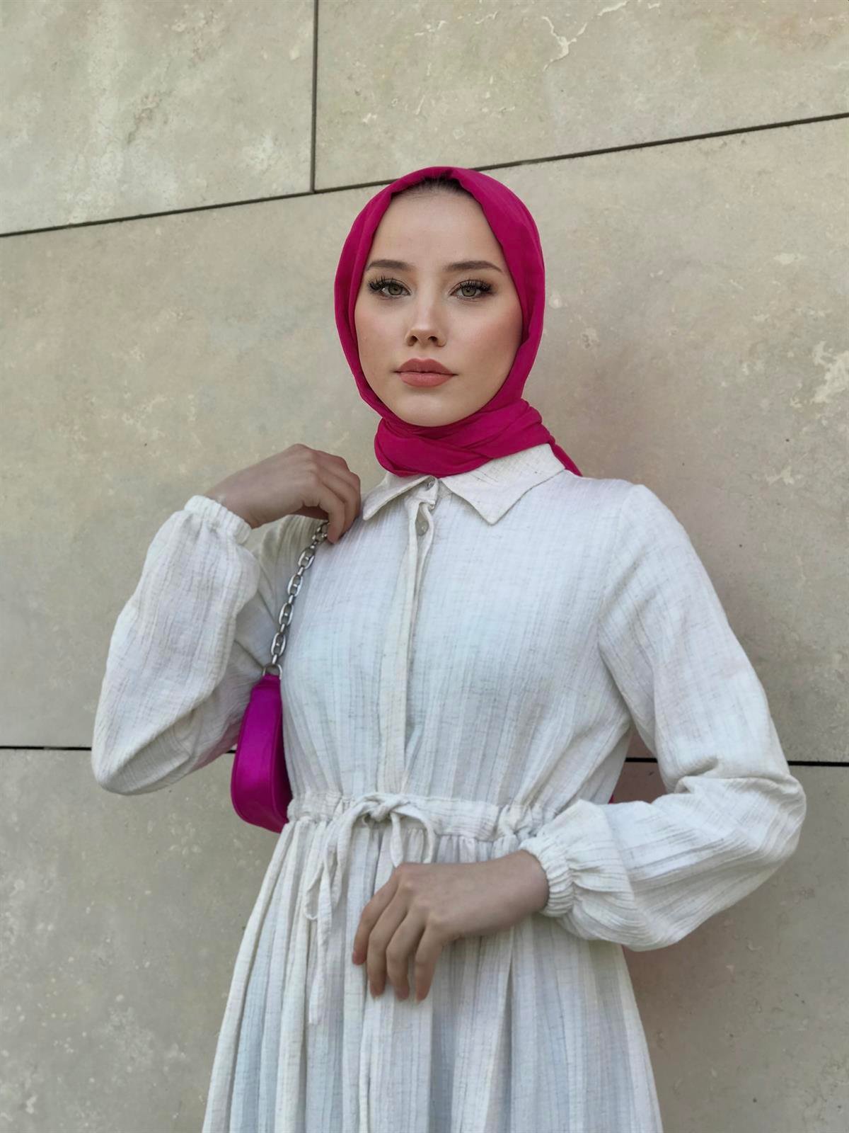 Beli Bağcıklı Gömlek Yaka Merven Elbise Bej
