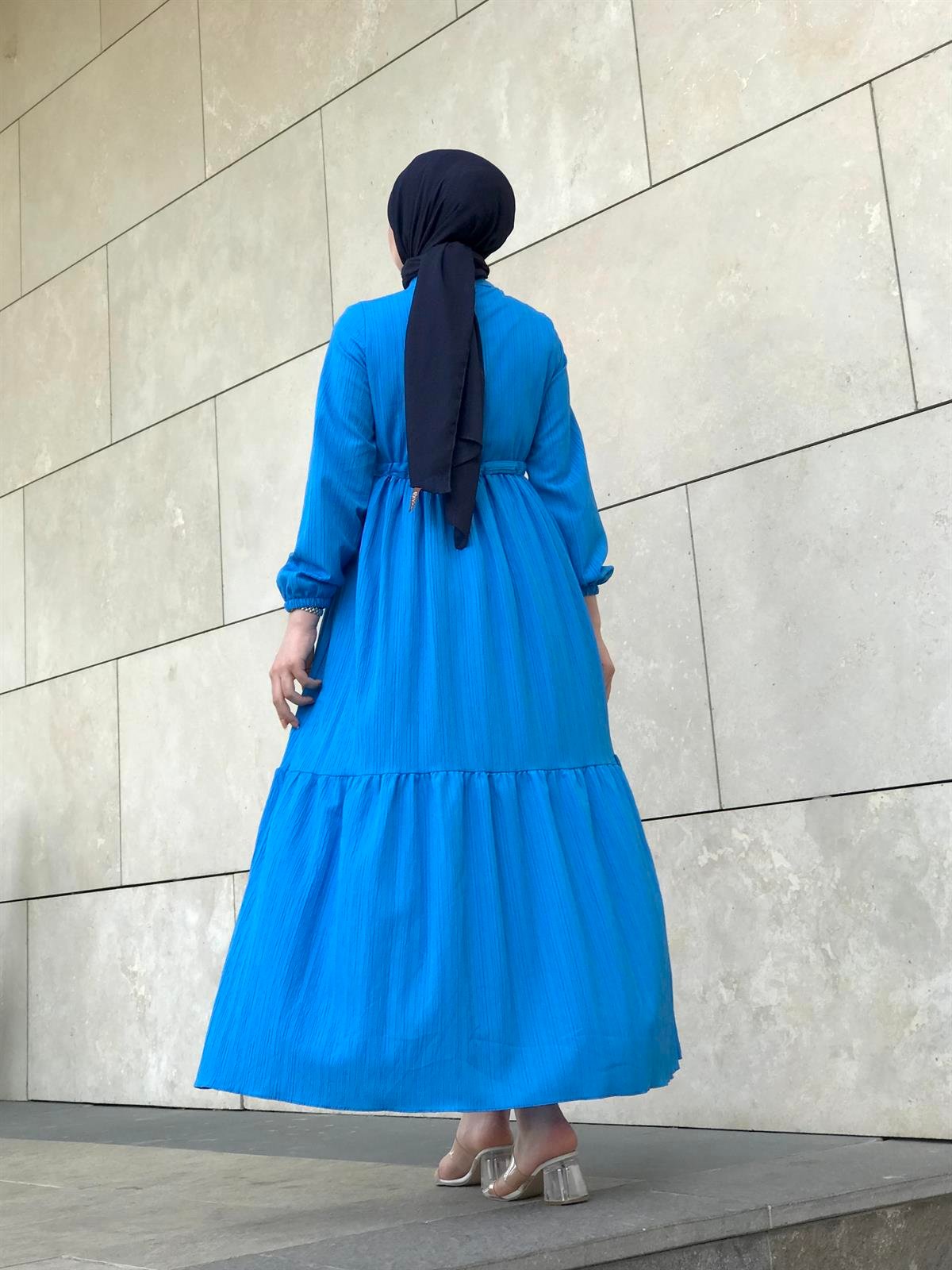 Beli Bağcıklı Gömlek Yaka Merven Elbise İndigo