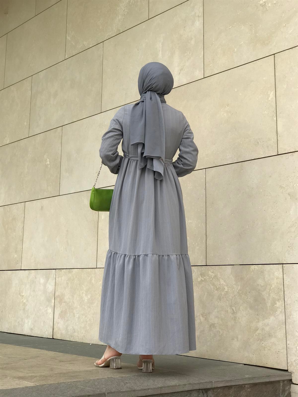 Beli Bağcıklı Gömlek Yaka Merven Elbise Gri
