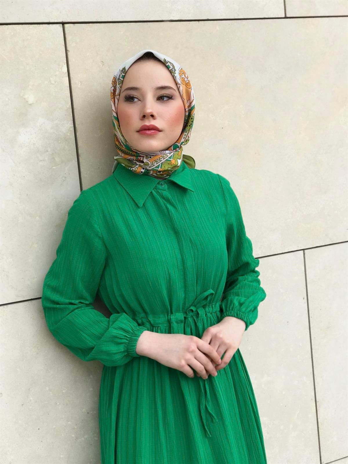 Beli Bağcıklı Gömlek Yaka Merven Elbise Yeşil