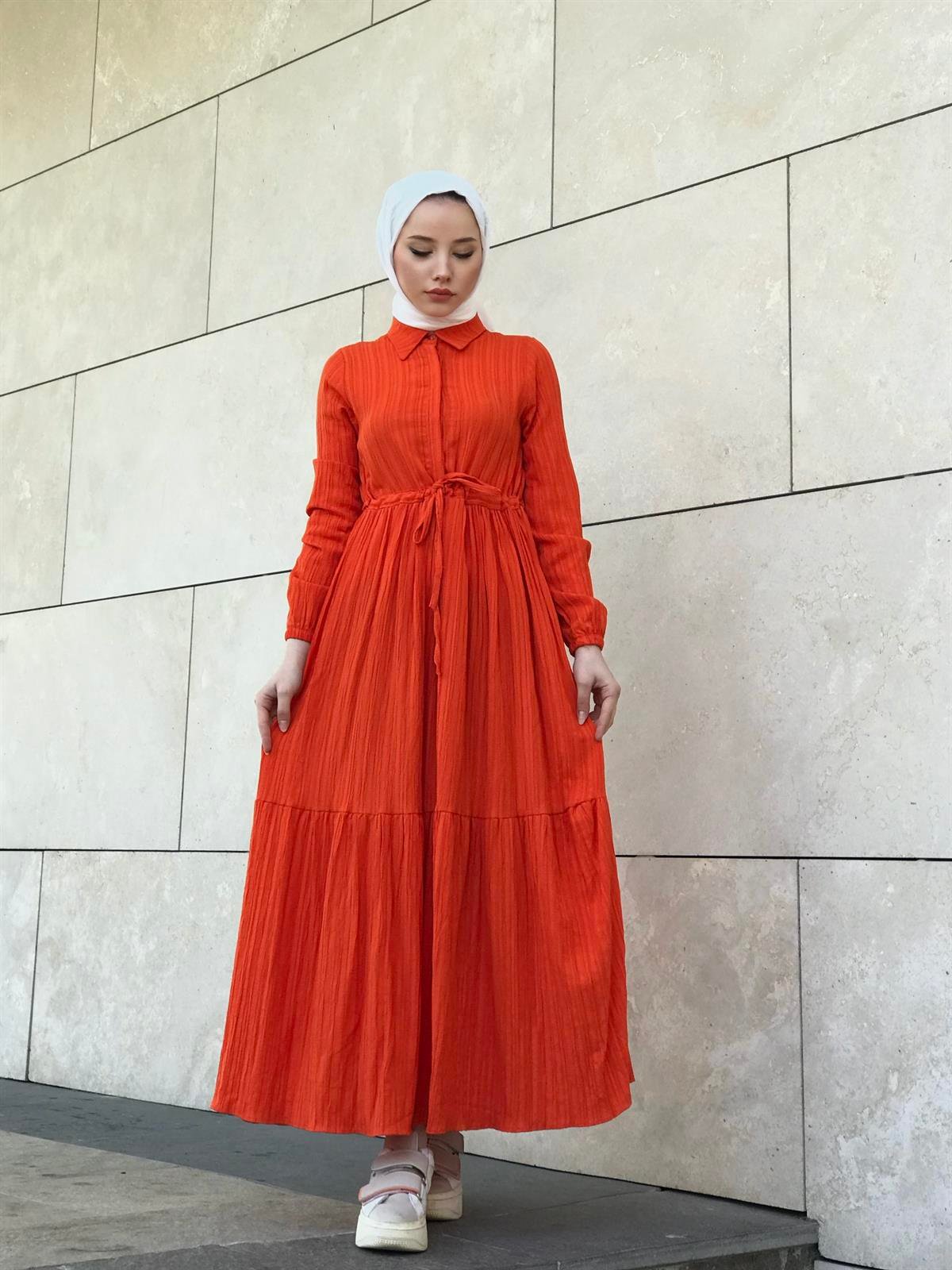 Beli Bağcıklı Gömlek Yaka Merven Elbise Turuncu