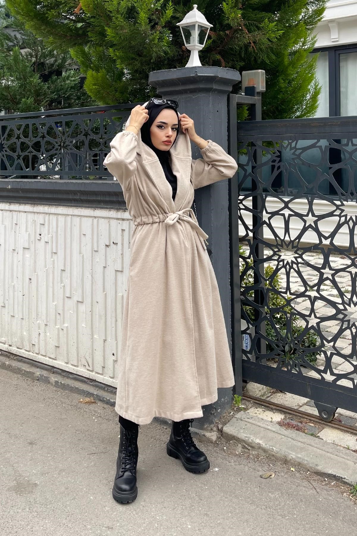 Beli Büzgülü Bağlamalı Kap Bej