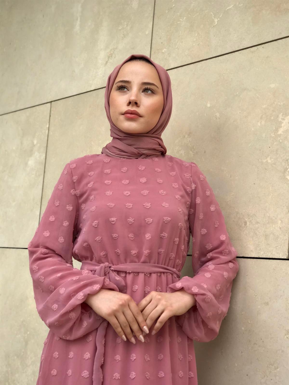 Beli Lastikli Kuşaklı Nova Elbise Pudra
