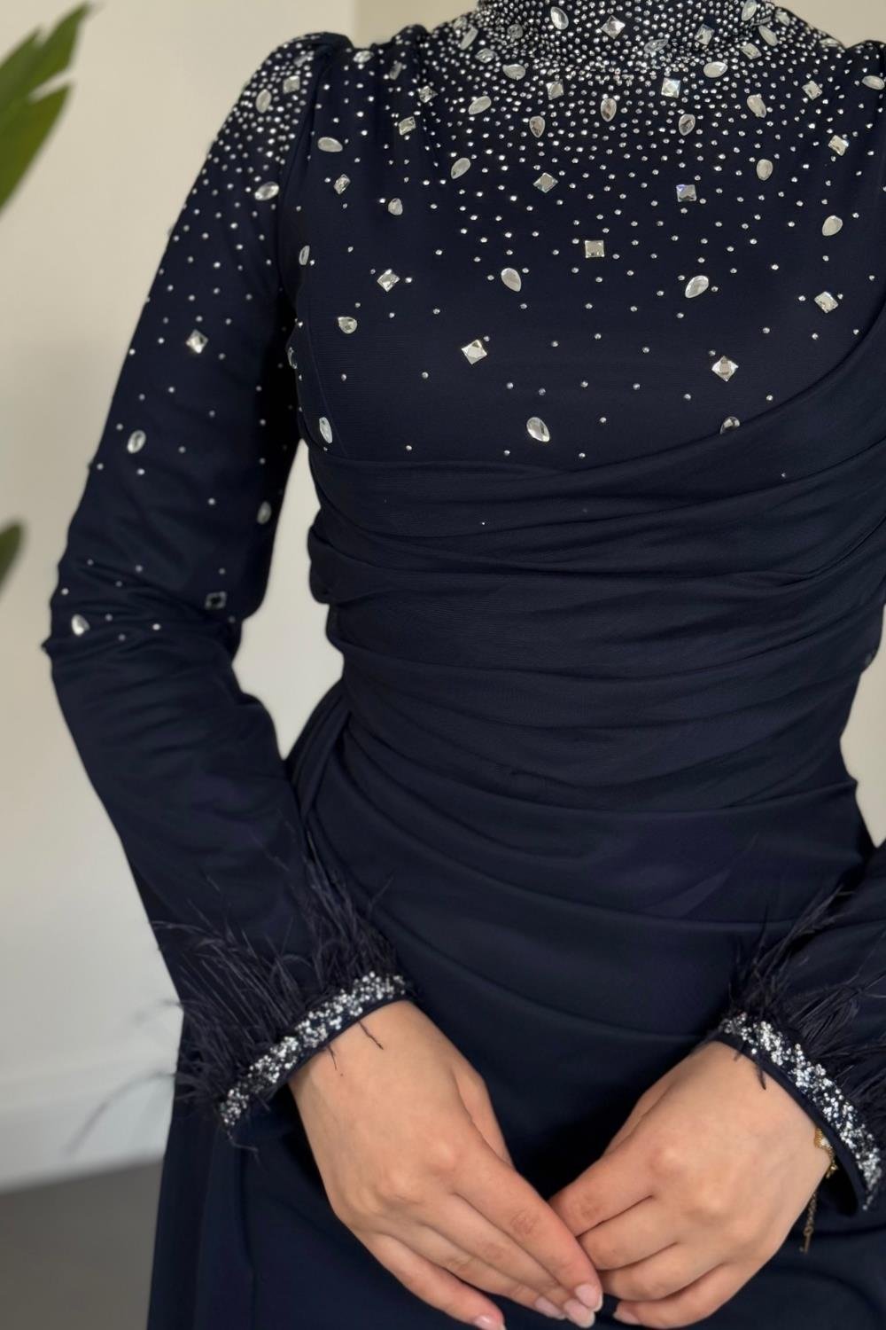 Belle Lune Taşlı Balık Abiye Lacivert