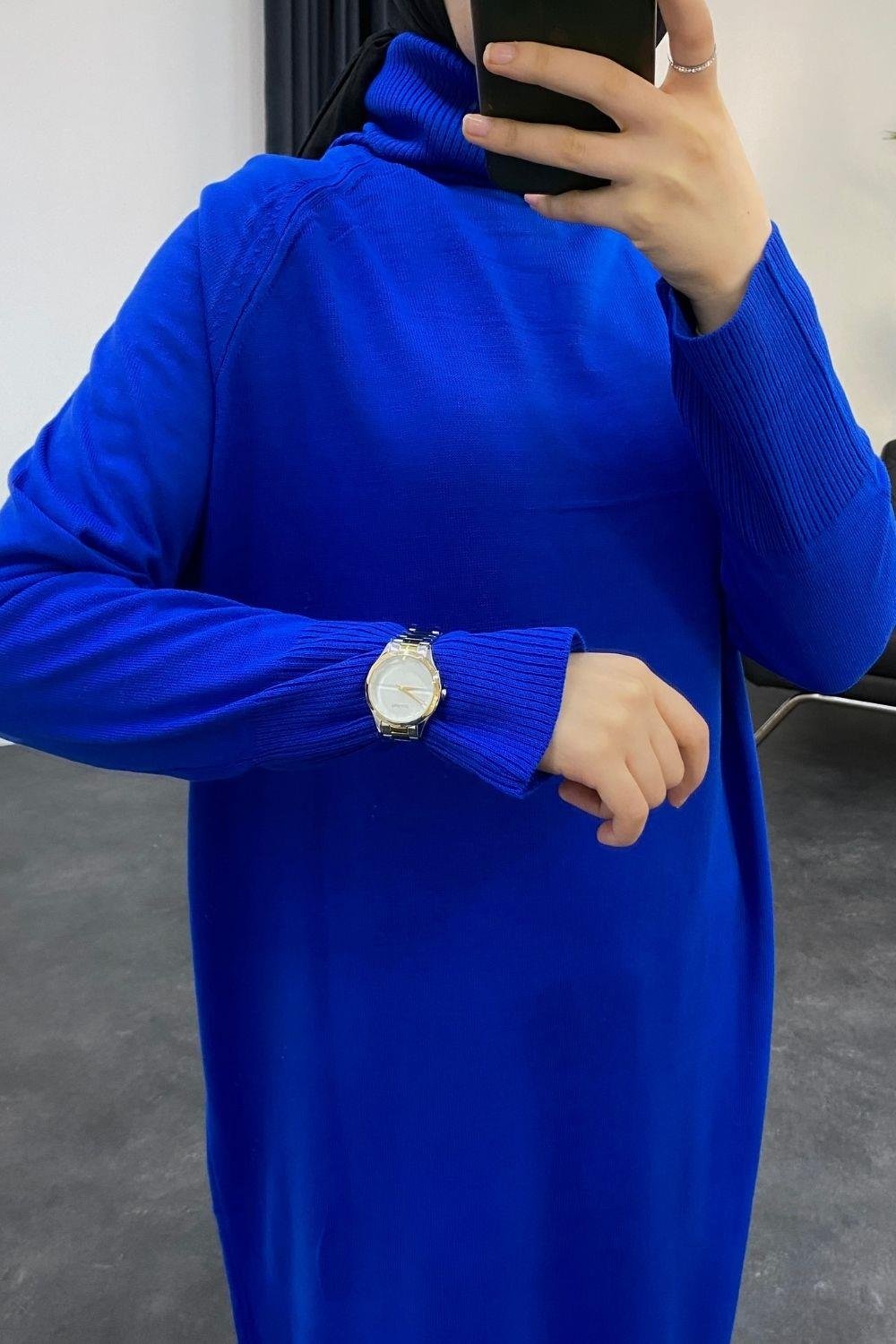 Boğazlı Triko Elbise Saks