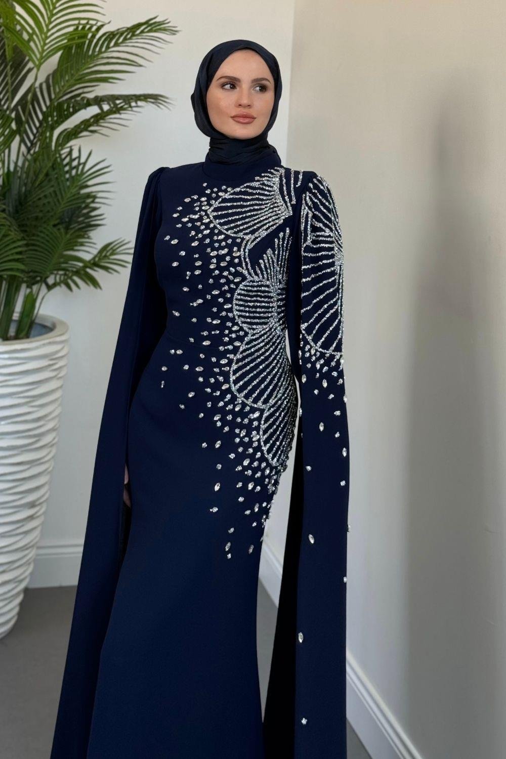 Carla Yandan Taşlı Abiye Lacivert