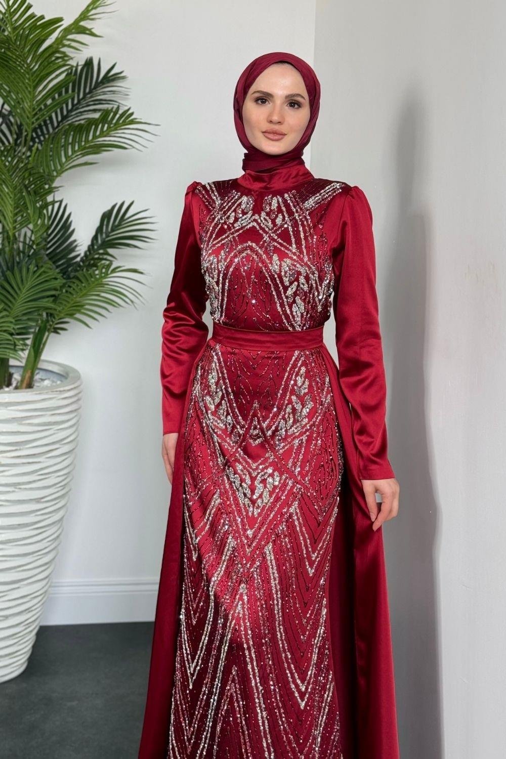 Carmelita Pelerinli Saten Abiye Bordo