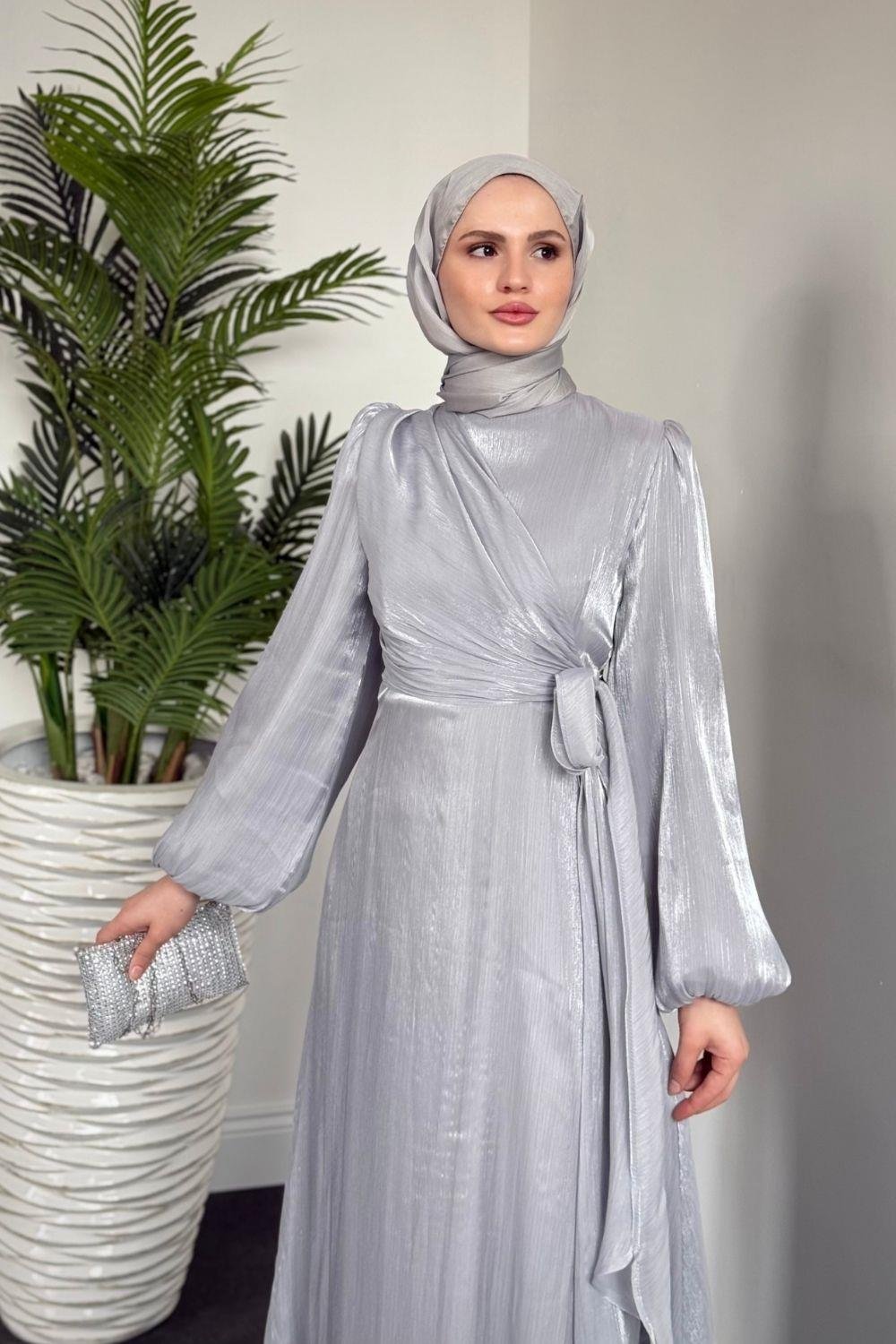 Celia Yandan Bağlamalı Janjan Abiye Gri