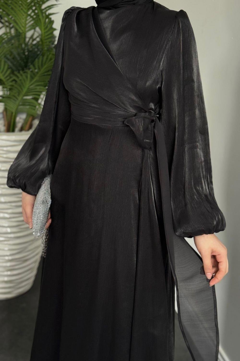 Celia Yandan Bağlamalı Janjan Abiye Siyah