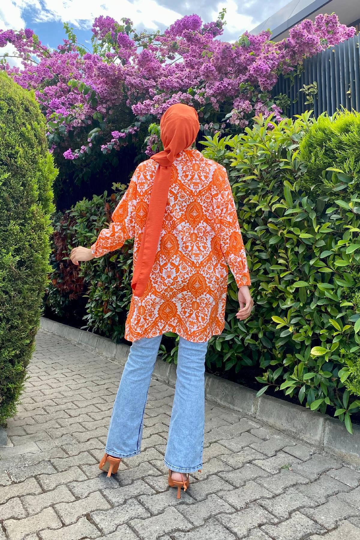 Çiçek Desenli Düğmeli Tunik Turuncu