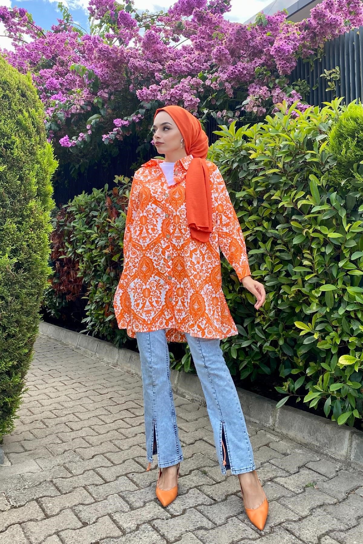 Çiçek Desenli Düğmeli Tunik Turuncu