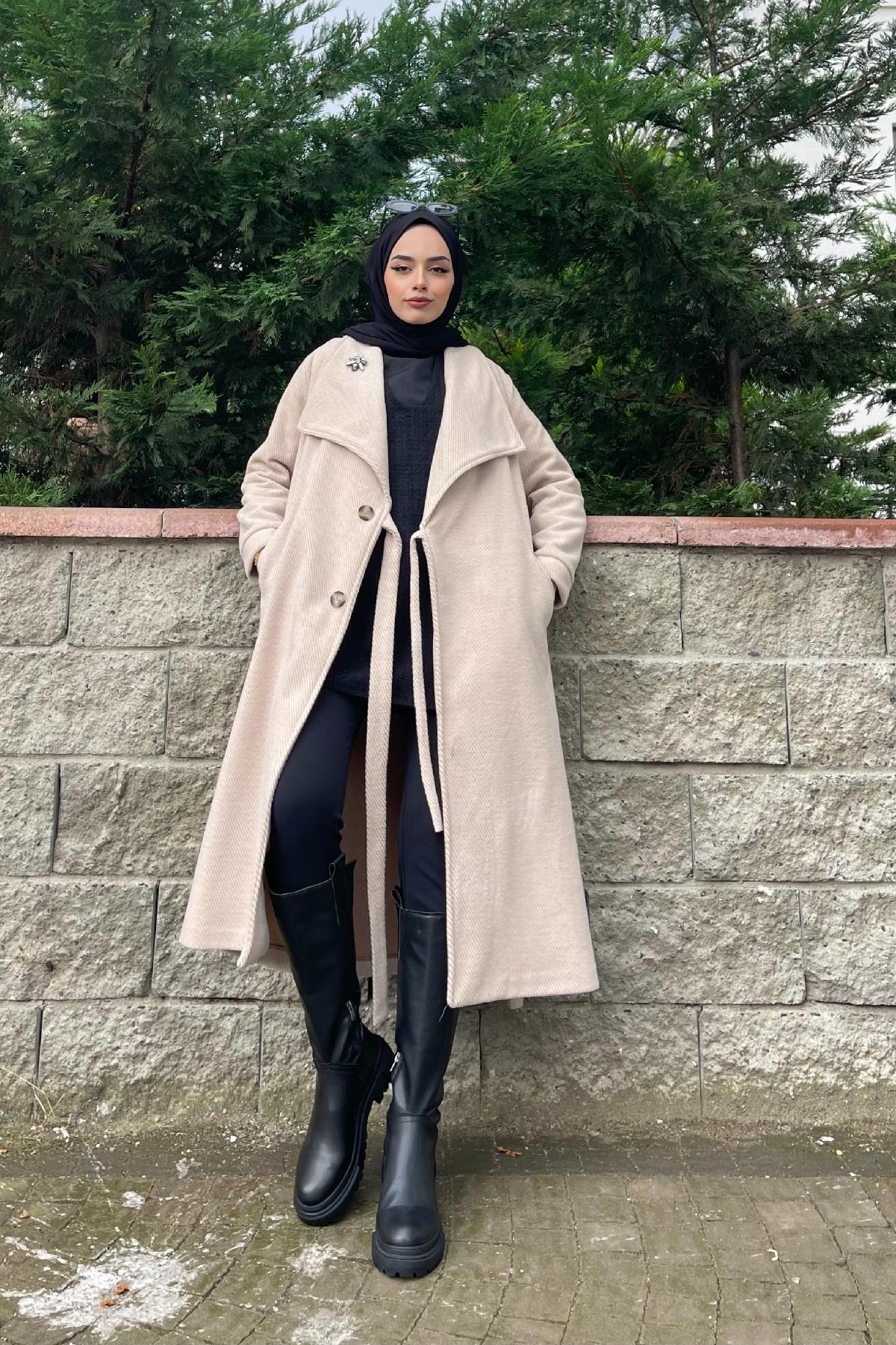 Çizgili Bronşlu Kaşe Kaban Bej
