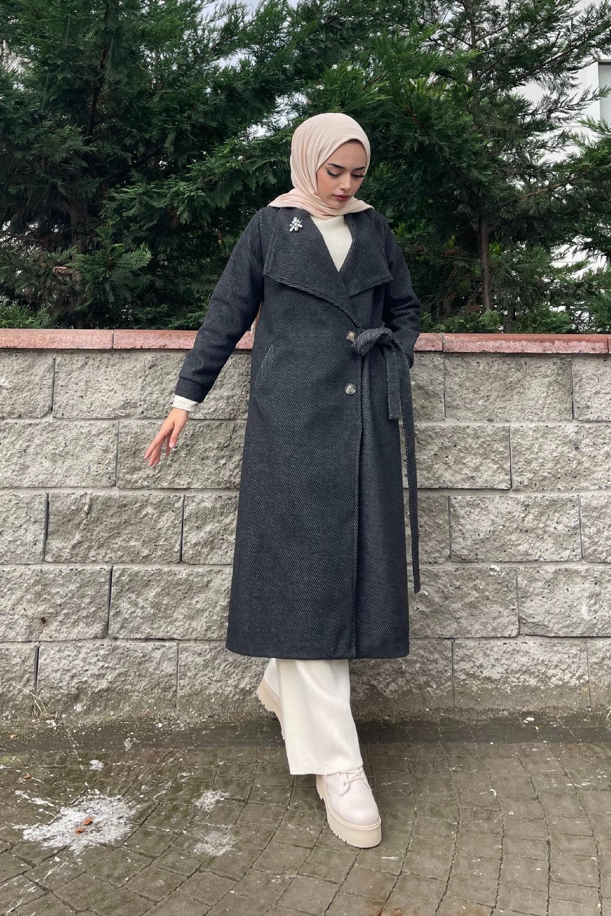 Çizgili Bronşlu Kaşe Kaban Füme