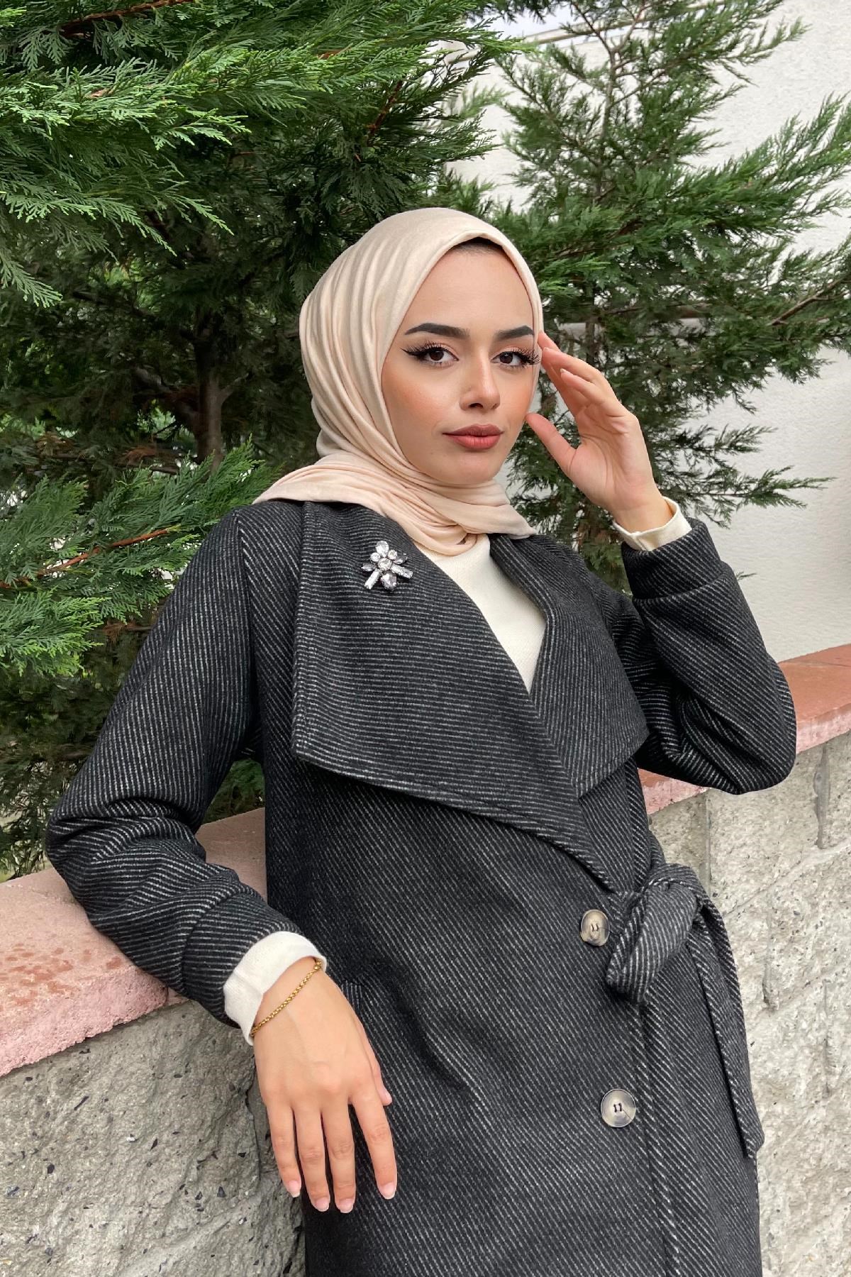 Çizgili Bronşlu Kaşe Kaban Füme