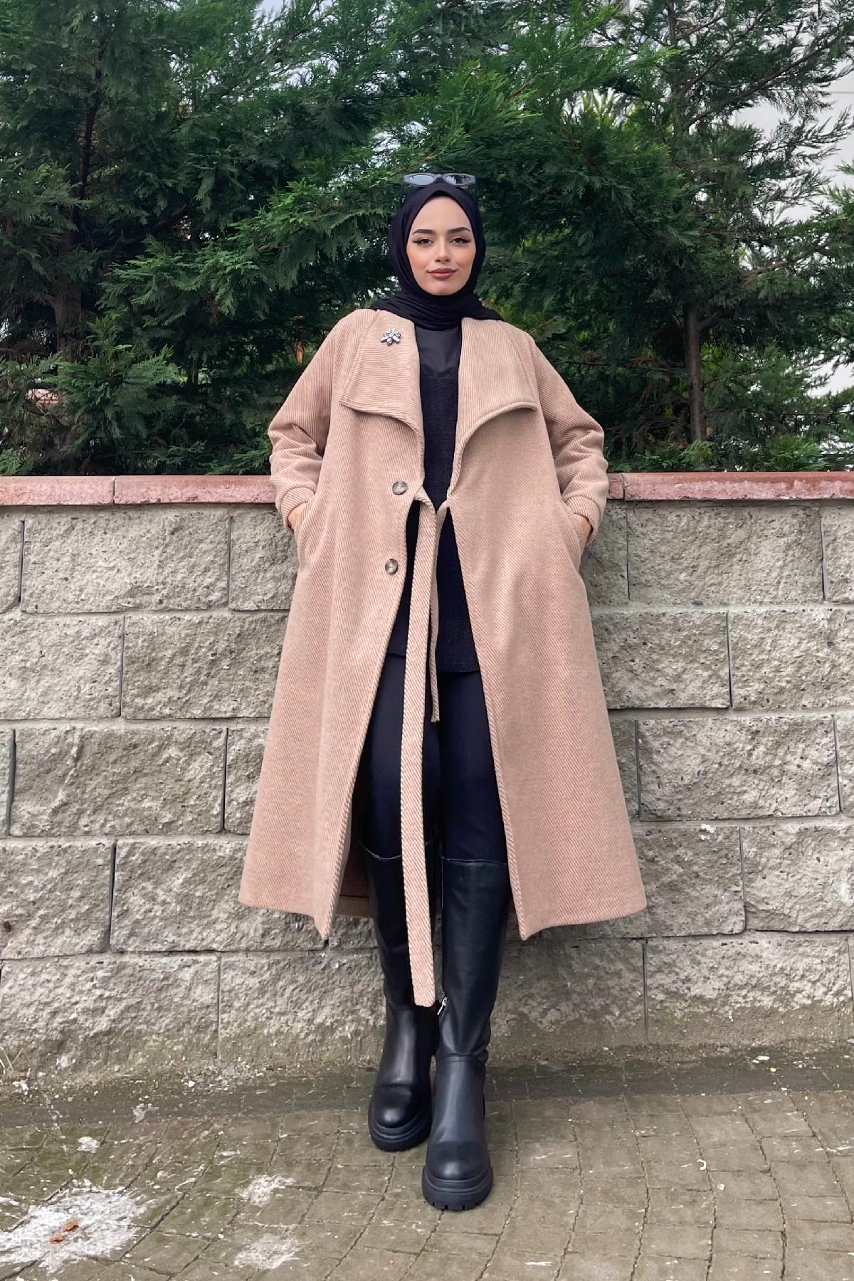 Çizgili Bronşlu Kaşe Kaban SütlüKahve