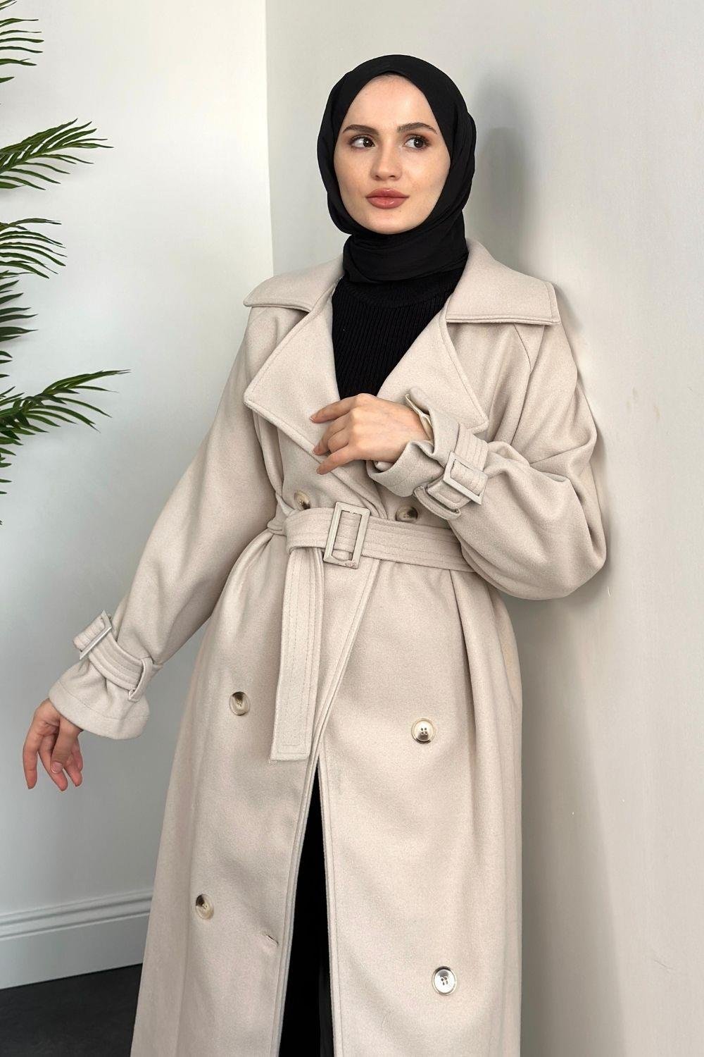 Clover Oversize Astarlı Kaşe Kaban Krem