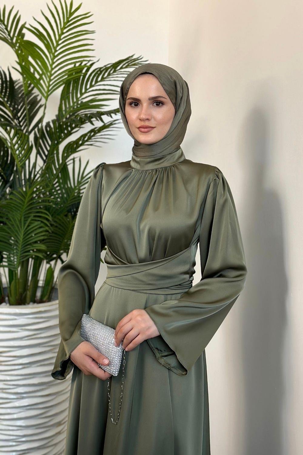 Diba Çapraz Kemer İpek Saten Abiye Haki