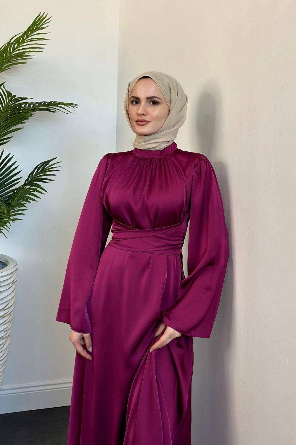 Diba Çapraz Kemer İpek Saten Abiye Mürdüm
