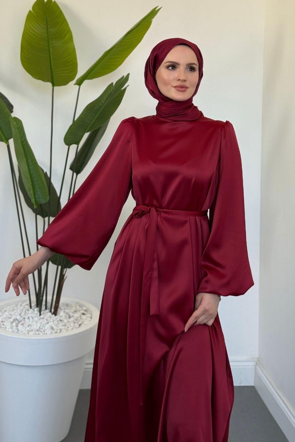 Dimitra Balon Kol Saten Elbise Bordo