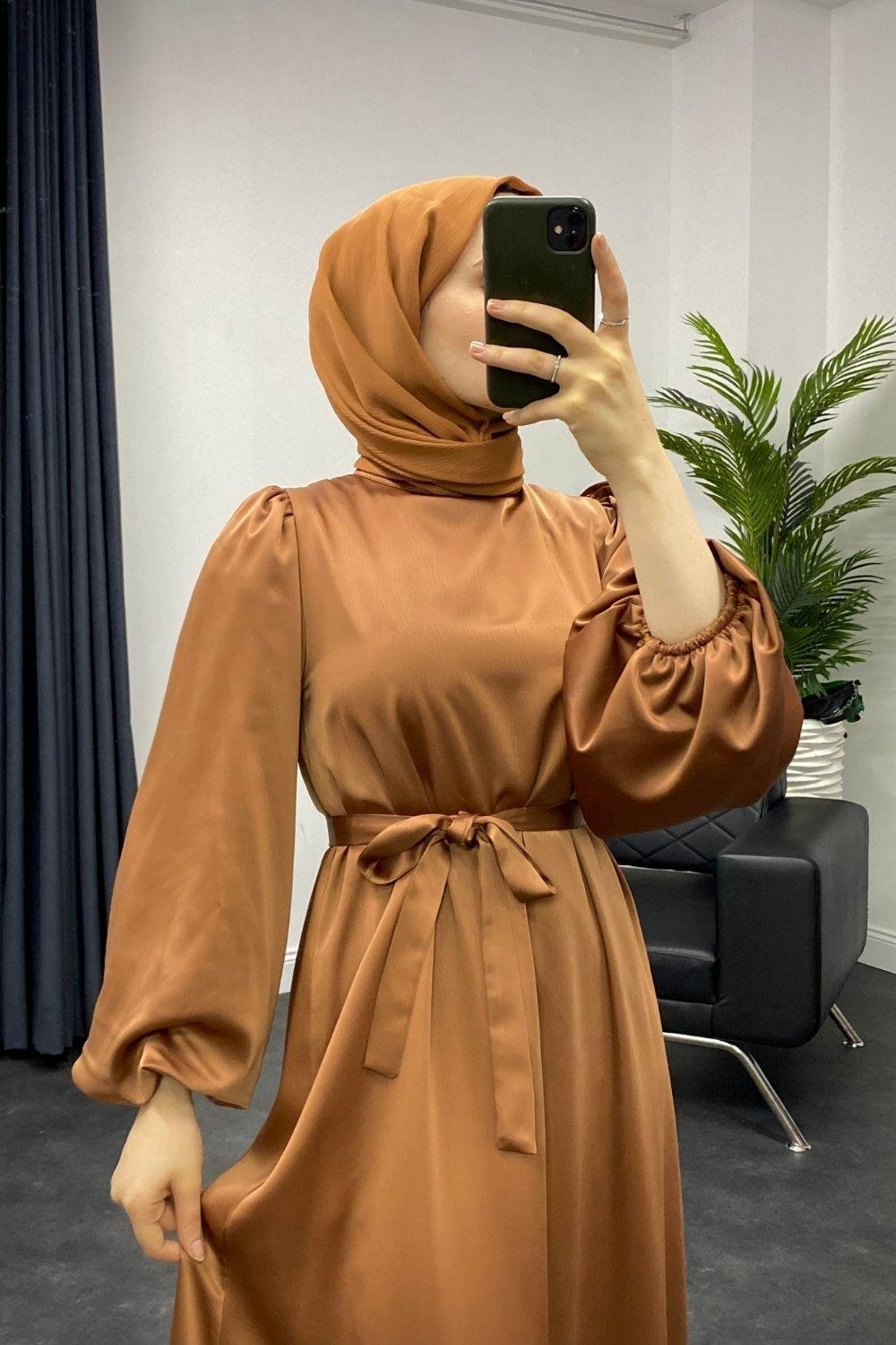 Dimitra Balon Kol Saten Elbise Taba