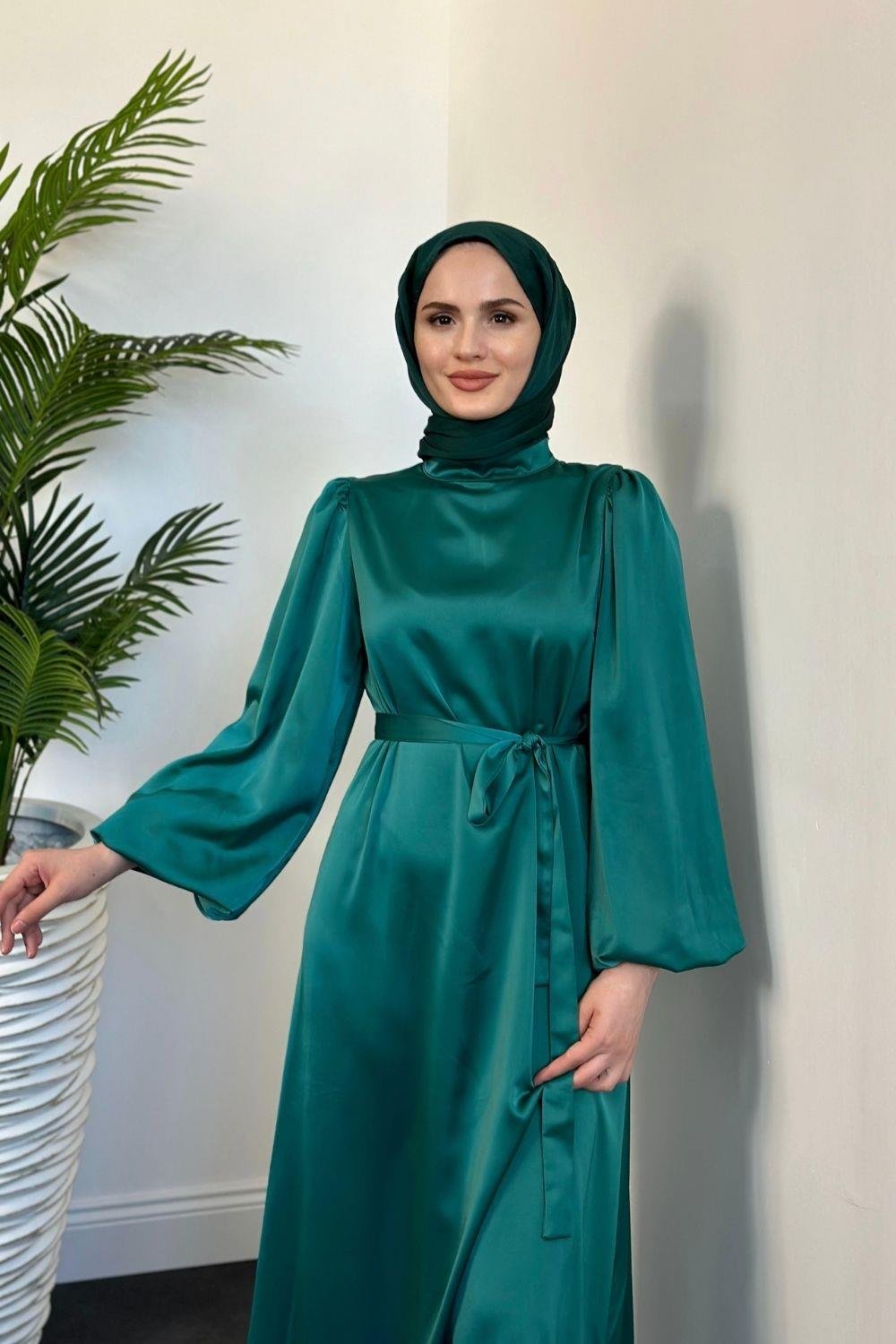 Dimitra Balon Kol Saten Elbise Yeşil 