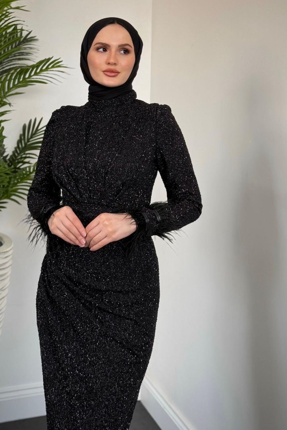 Dina Kuyruklu Taşlı Abiye Siyah 