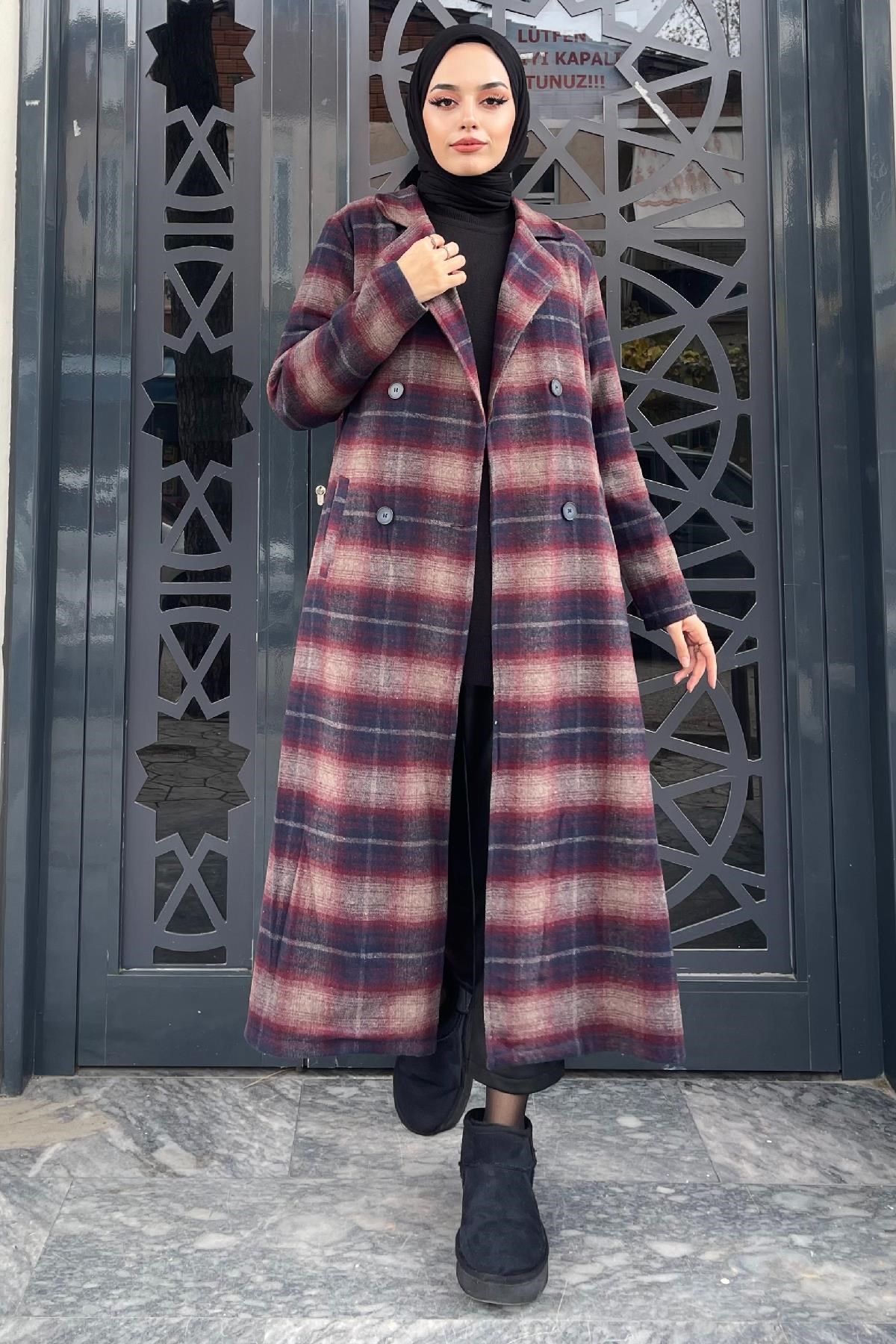 Düğmeli Astarlı Kaşe Kaban Bordo