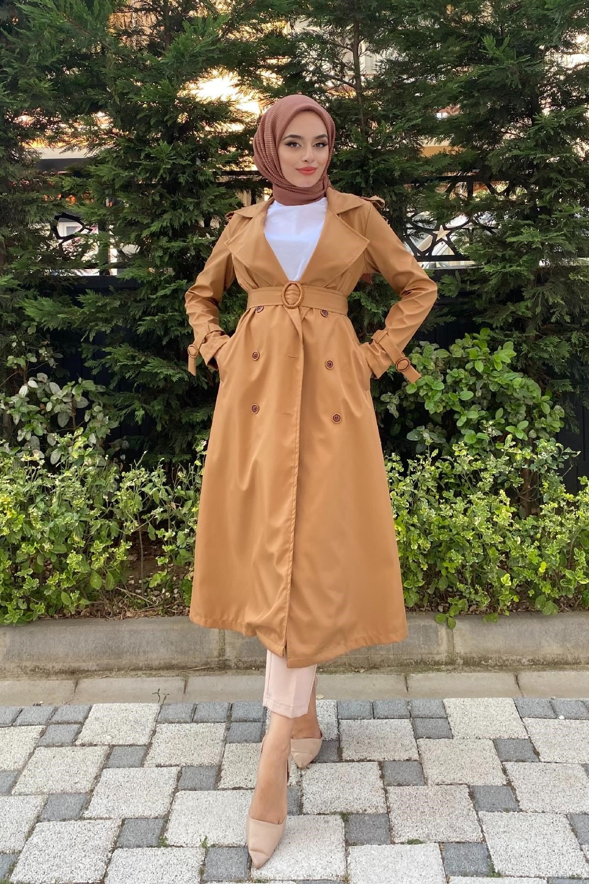 Düğmeli Kemerli Trençkot Taba