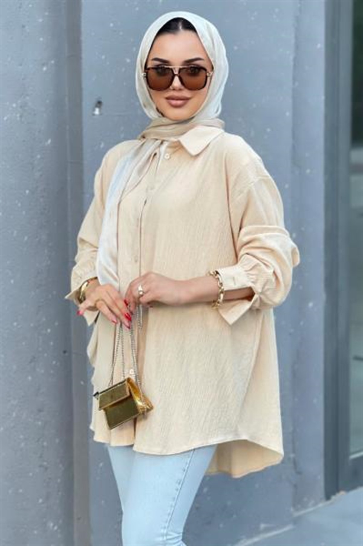 Düğmeli Pamuk Tunik Bej STANDART